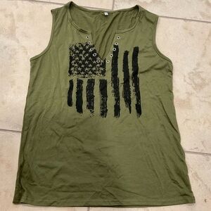 Olive Green Sleeveless Top with Black Graphic